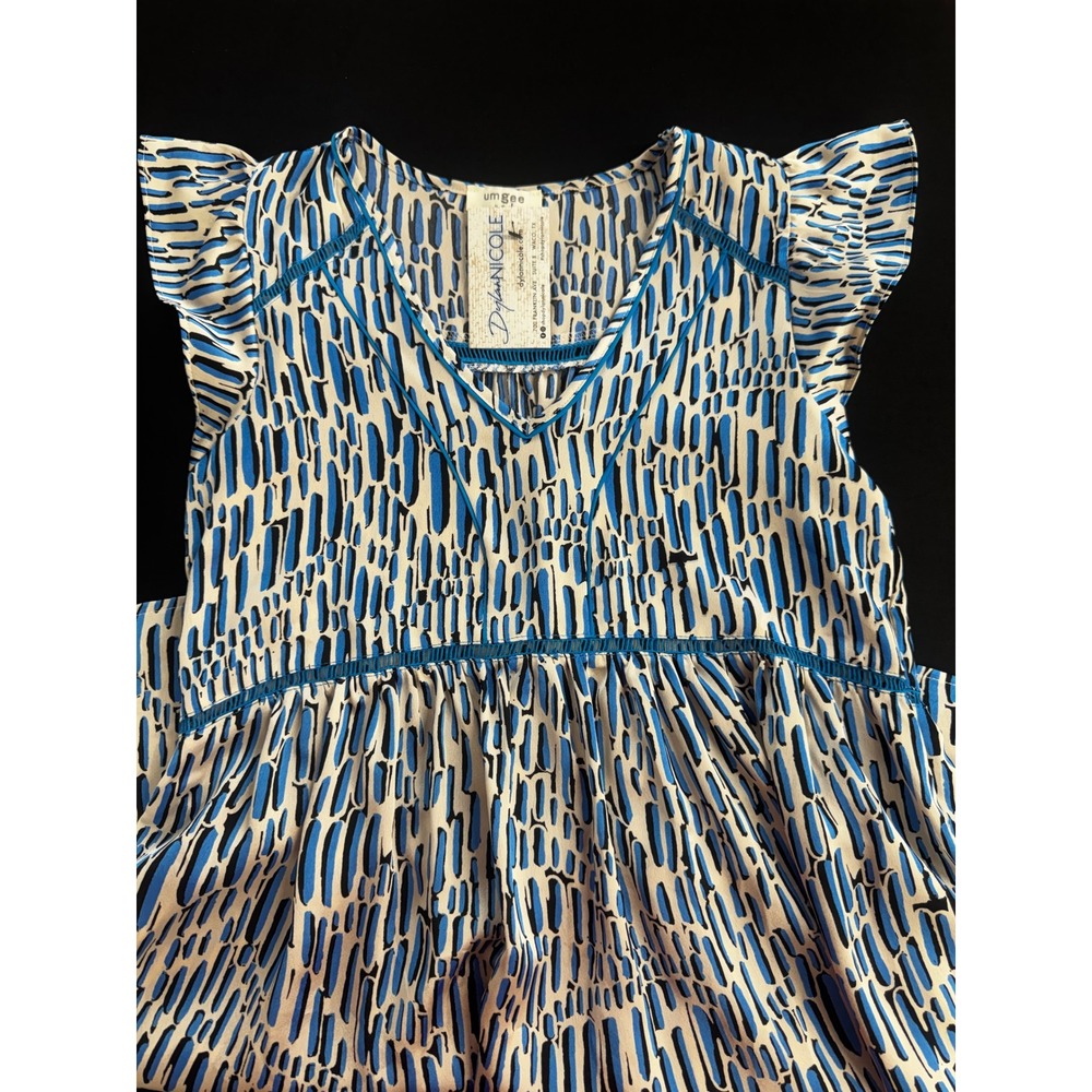 Umgee NWT Blue & Cream Abstract Boho Dress Crochet Trim Flutter Sleeve Sz S - Picture 11 of 11
